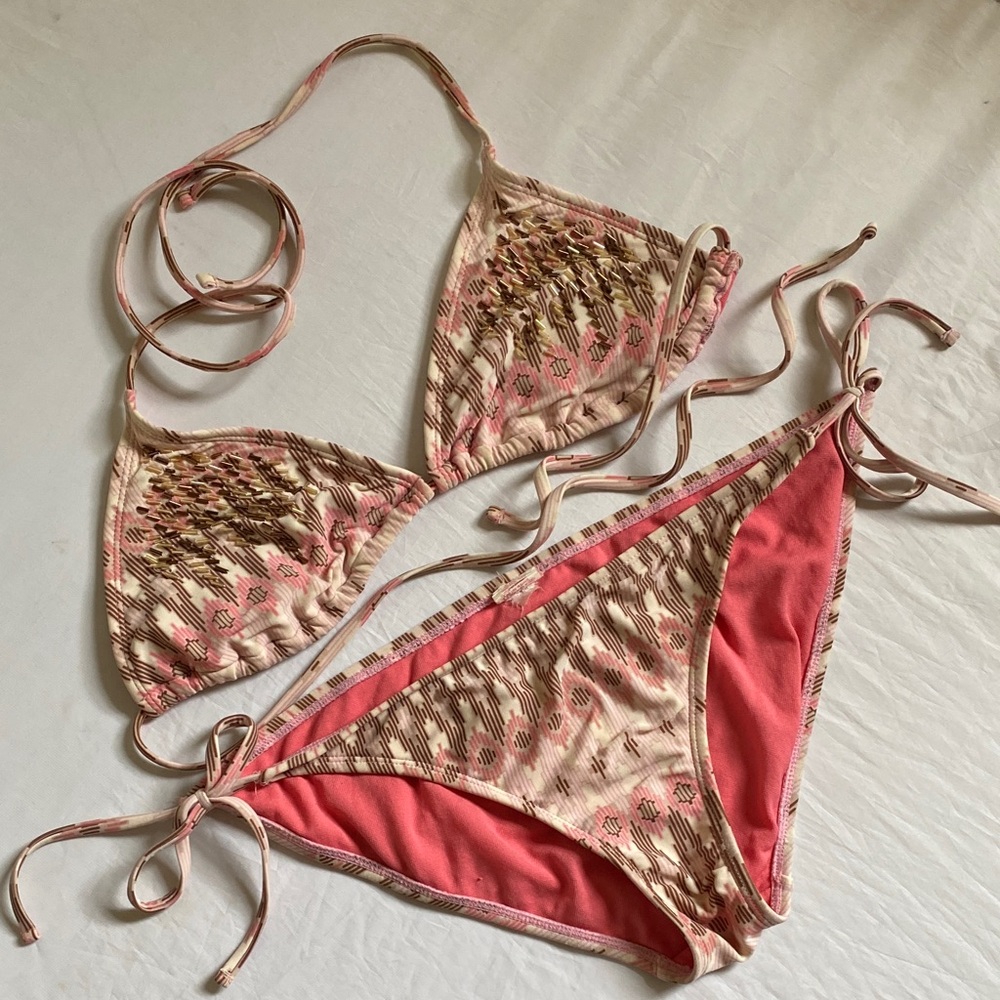Pink Sequined bikini. large String bikini. pastel pink swimsuit